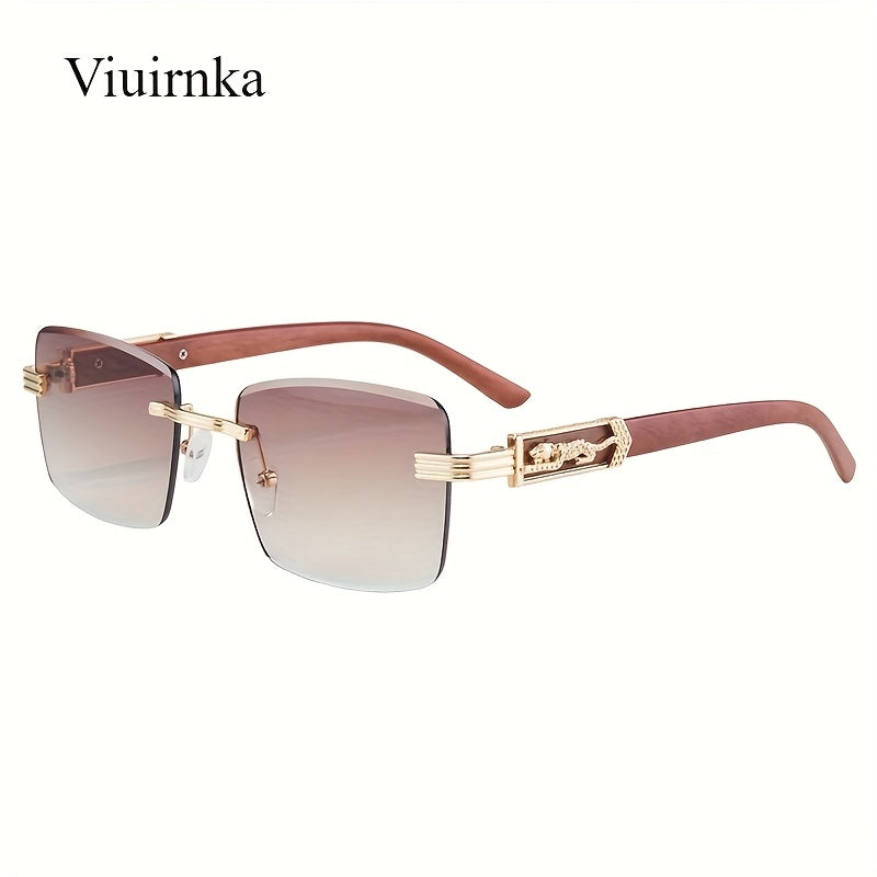 Vintage Rimless Rectangle Sunglasses for Women Men – Trendy Leopard Temple UV Protection Eyewear, 7 Lens Colors, Stylish Unisex Glasses for Outdoor, Driving, Travel, Parties & Daily Wear