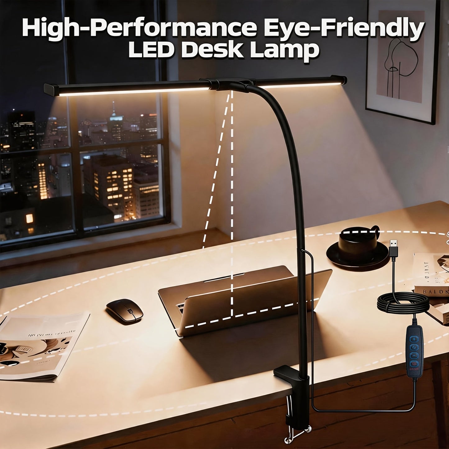 Metal Touch Control LED Desk Lamp – 360° Adjustable Gooseneck Foldable Double Head Anti-Glare USB Powered Eye-Caring Reading Light for Office, Study, Gaming & Home, Monitor Screen Lamp
