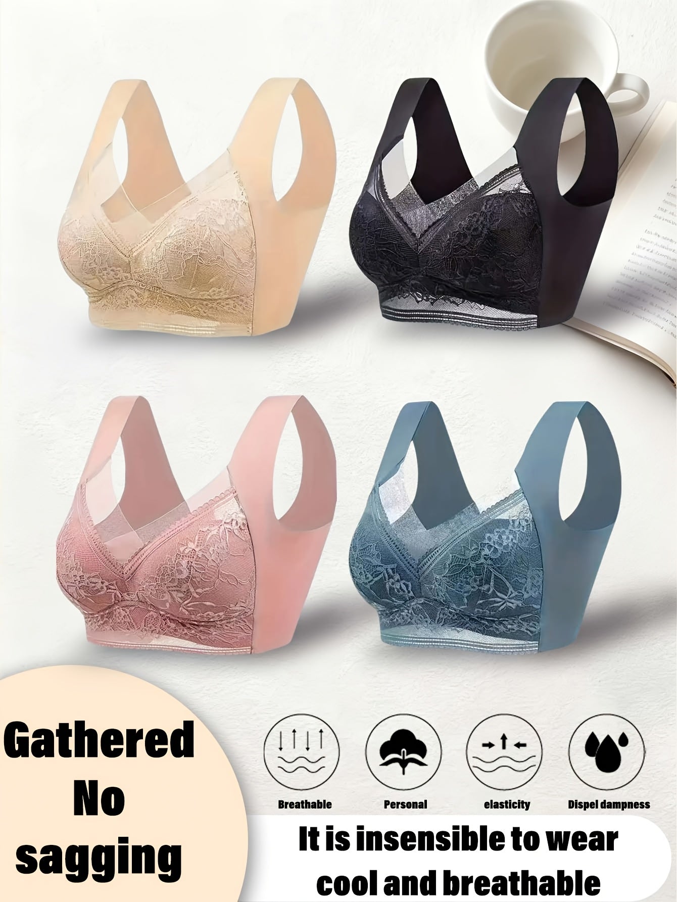 4 Pack Lace Ice Silk Bra Vest for Women – Traceless Gathered Support, Breathable Thin Style with Beautiful Back Design, Sizes S-XXL, 2 Multicolor Sets