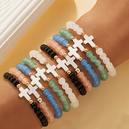10pcs Boho Cross Glass Bead Bracelet Set – Stackable Multi-Layer Elastic Wristbands with Zircon & Zinc Alloy Accents, Elegant Jewelry for Daily Wear, Parties & Gifting
