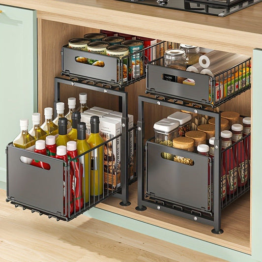 Under Sink Organizer 2-Tier Pull-Out Cabinet Shelf with Adjustable Height, Sturdy Carbon Steel Kitchen Storage Rack, Space-Saving Bathroom & Pantry Cabinet Organizer for Kitchen Organization