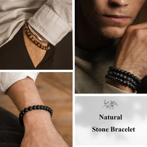 12 Piece Natural Stone Tiger Eye Bead Bracelet Set for Men and Women – 8mm Adjustable Boho Bracelet with Black Beads, Unisex Earthy Wrist Jewelry, Perfect Father’s Day Family Gift