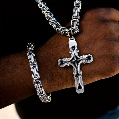 304 Stainless Steel Cuban Chain Necklace & Bracelet Set for Men – Religious Cross Pendant, Tarnish-Resistant Hip Hop Jewelry, Silver Tone, Daily Wear & Gift