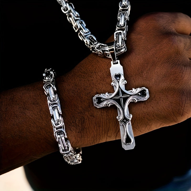Men's Stainless Steel Cross Necklace Set 2pcs Cuban Chain with Cross Pendant Retro Hip Hop Fashion Jewelry for Men - Bold Statement Necklace Gift for Him Birthday Christmas