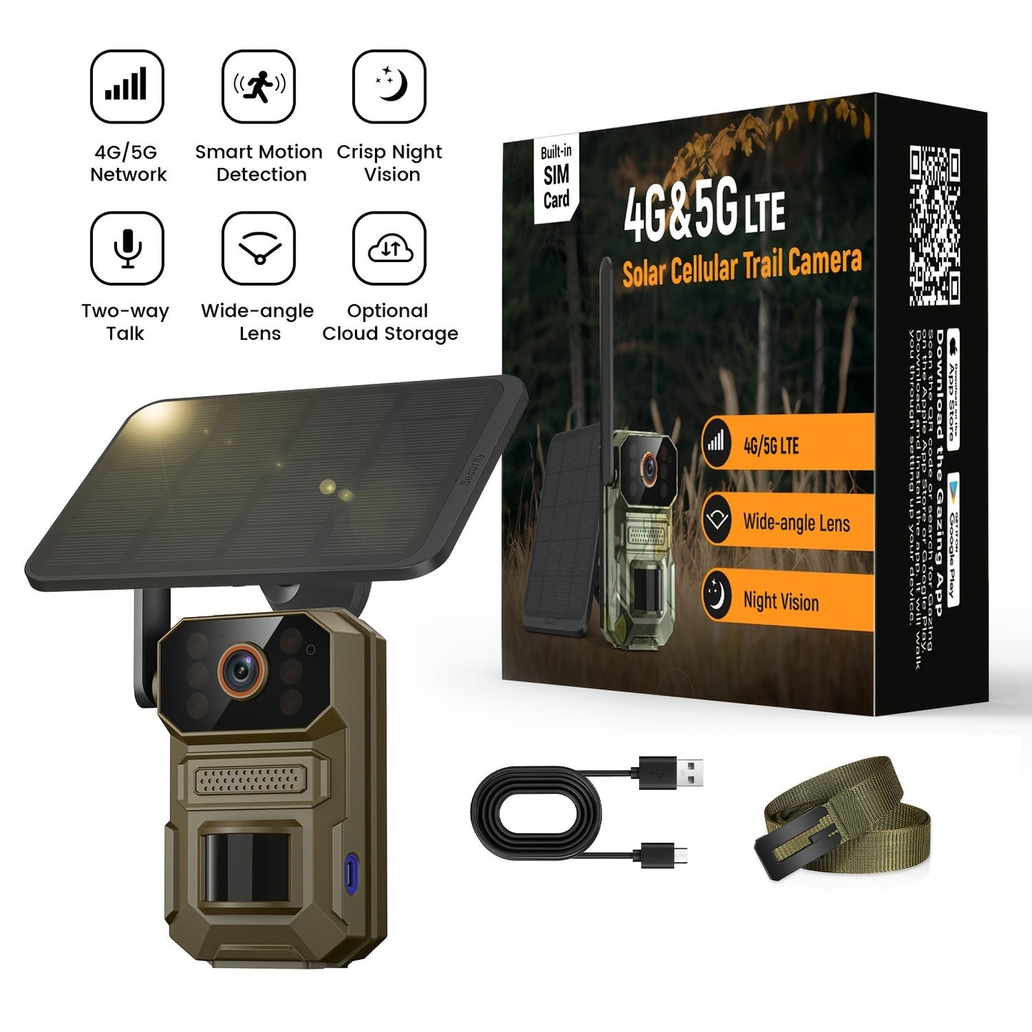 4G LTE Solar Trail Camera 1920P HD – Cellular Wildlife Camera with PIR Motion Sensor, Infrared Night Vision, Two-Way Voice, Remote Access, No WiFi Required, IP65 Waterproof, Solar Powered