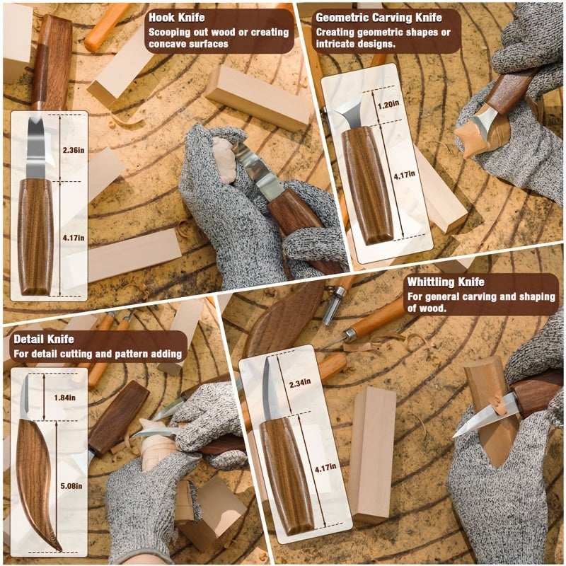 Wood Carving Knife Set PU Case 15-23 Piece Whittling Kit Chisel Hook Detail Geometric Knife Safety Gloves Leather Strop Basswood Block Art Craft Gift