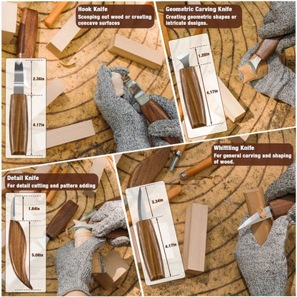 Wood Carving Knife Set PU Case 15-23 Piece Whittling Kit Chisel Hook Detail Geometric Knife Safety Gloves Leather Strop Basswood Block Art Craft Gift