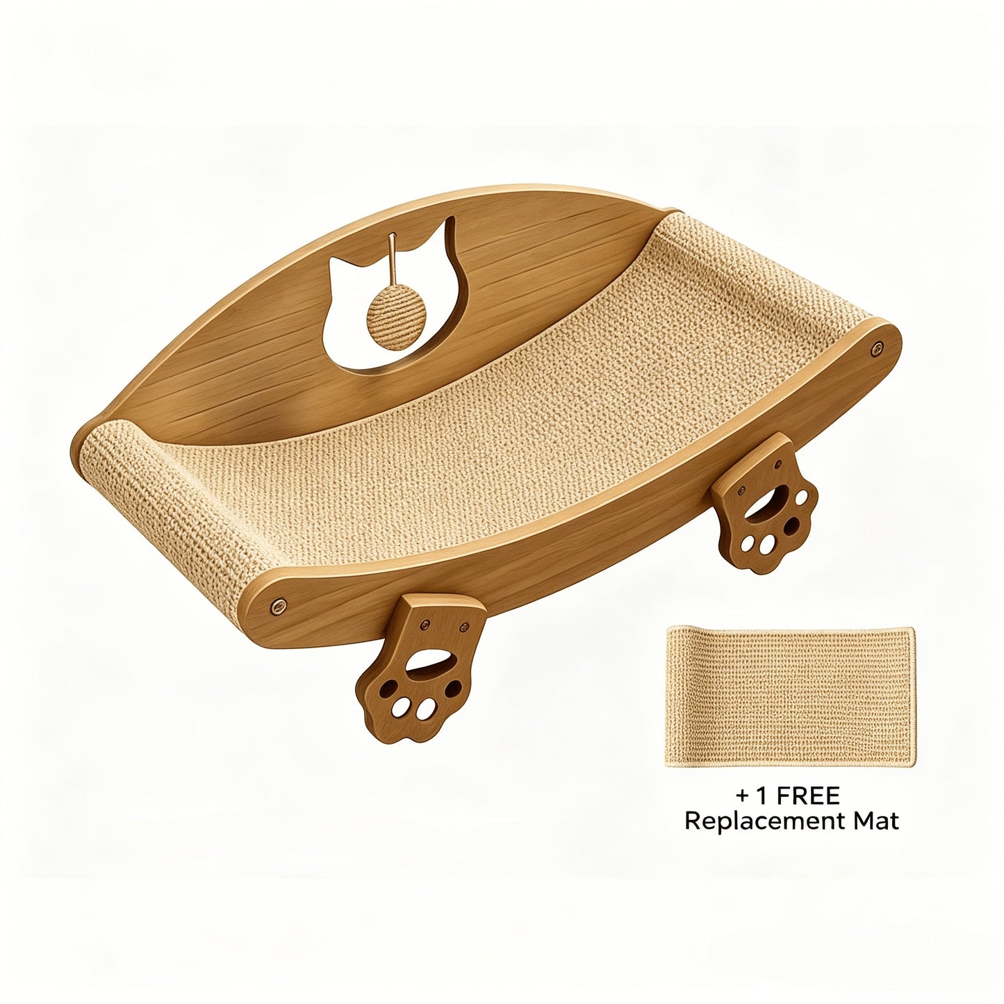 Natural Sisal Cat Scratcher Lounge Chair with Hanging Ball Toy – Solid Wood Curved Cat Bed Scratching Pad, Anti-Scratch Kitty Sofa, Furniture Protector for Indoor Cats