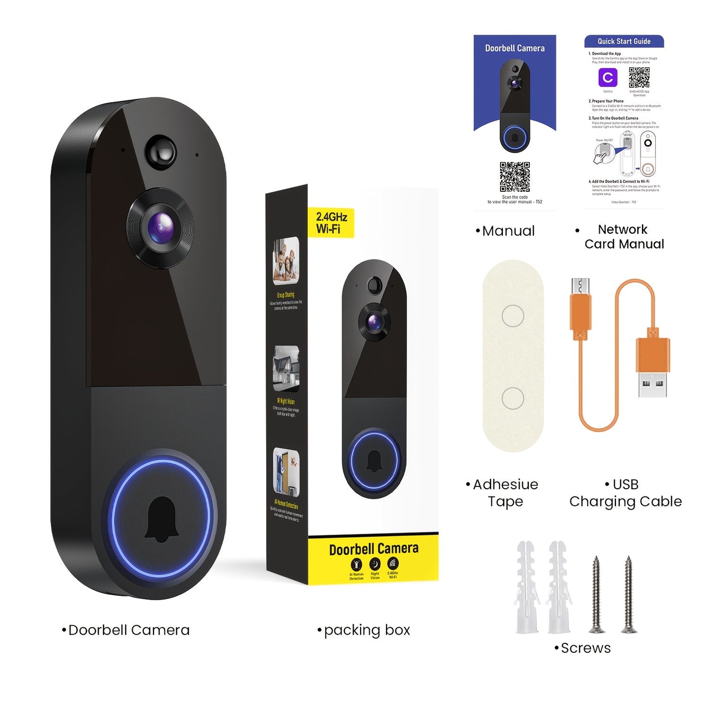 Wireless Doorbell Security Camera 1080P HD | 166° Panoramic View, Auto Tracking, Night Vision, Spotlight, Two-Way Audio, Person & Vehicle Detection, 2.4G WiFi – 1pc or 2pcs