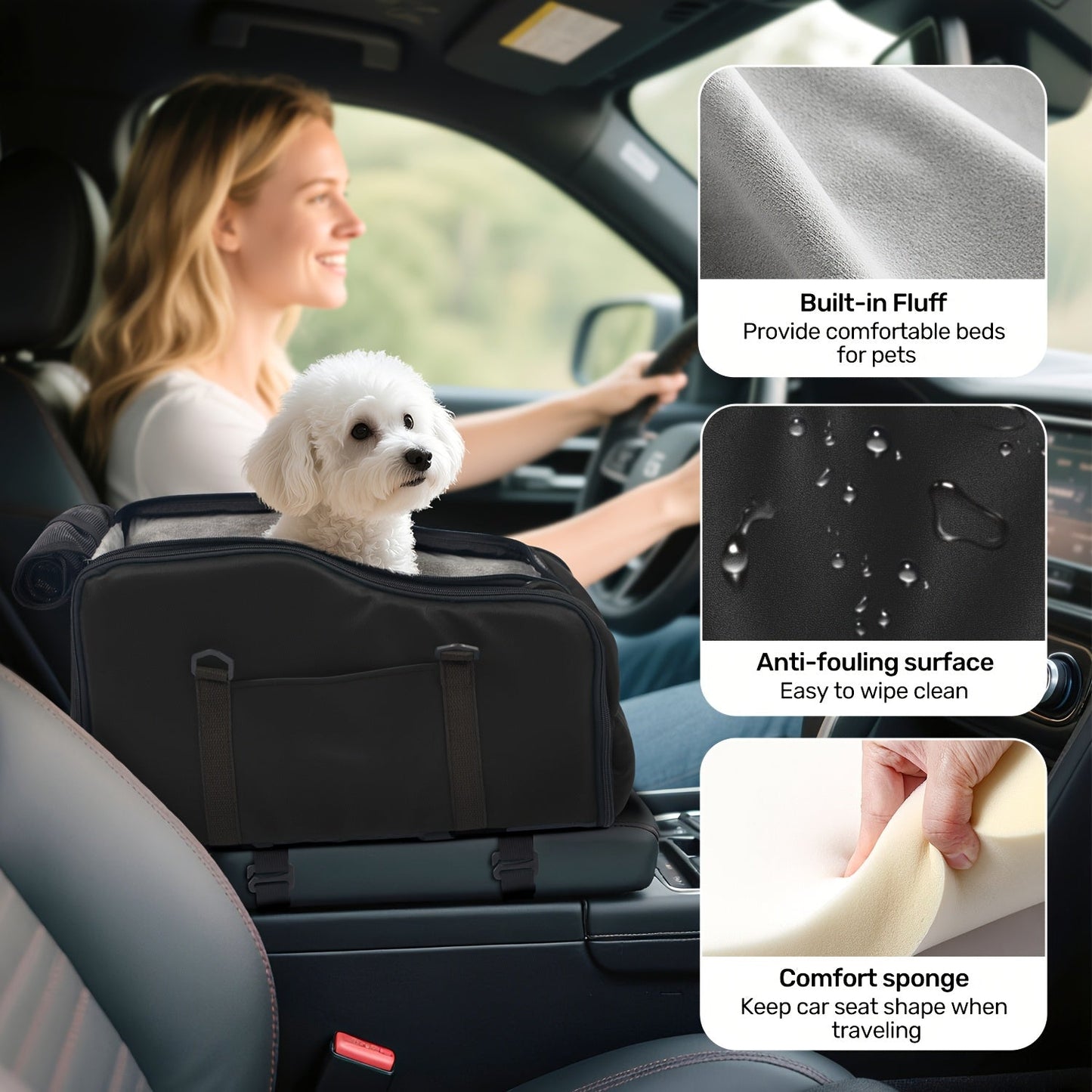 Pet Car Booster Seat with Safety Harness – Center Console Dog Car Carrier Nest for Small Dogs & Cats, Portable Travel Pet Bed, Easy-Clean Sturdy Construction, Multiple Colors