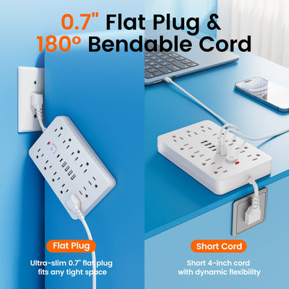 Surge Protector Power Strip 11 AC Outlets | 4 USB-A & 2 USB-C Ports, Overload Protection, Short/5FT/10FT Extension Cord – Multi-Outlet Power Socket for Home, Office, Desk & School – White & Black