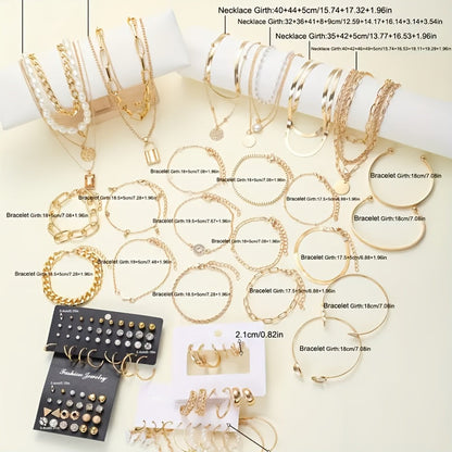 50pcs Vintage Jewelry Set for Women – Imitation Pearl & Zirconia Inlay, Heart Butterfly Star Moon Designs, Earrings Studs Necklace Bracelet Ring, Party Vacation & Holiday Gift