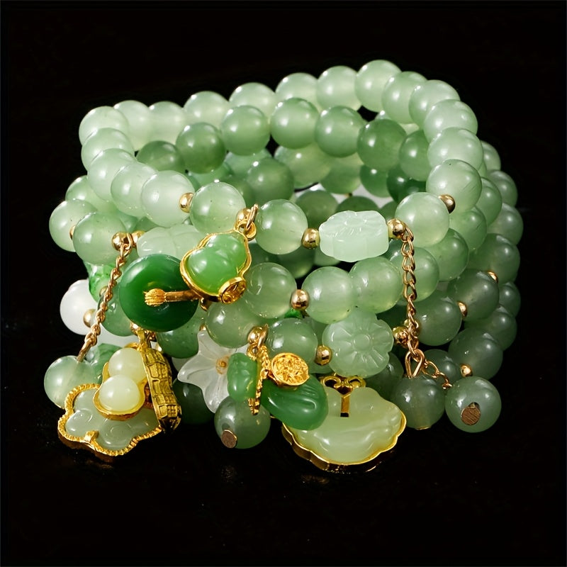 Bead Bracelet Set 7 Pieces for Women & Men – Butterfly & Lily Pendant Imitation Jade Retro Chinese Style Stackable Bracelets, Elegant Boho Wrist Jewelry Gift for Birthday Anniversary Valentine's Day