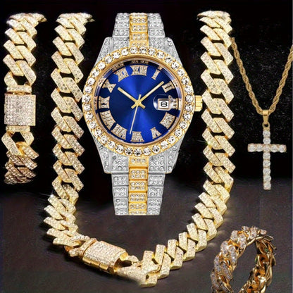 Men's Hip Hop Watch & Jewelry Set - Cuban Chain Pendant Necklace Bracelet Combo, Trendy Bling Accessories for Men, Perfect Gift for Christmas Birthday Valentine's Day Father's Day