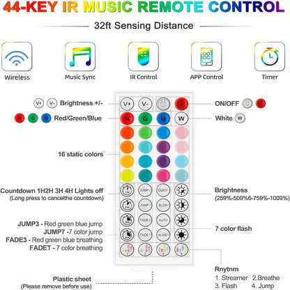 RGB LED Light Strip 50ft to 260ft – Color Changing with 44-Key Remote Control, DIY Mode, Dimmable, for Bedroom, Living Room, Christmas, Holiday Party & Home Decoration