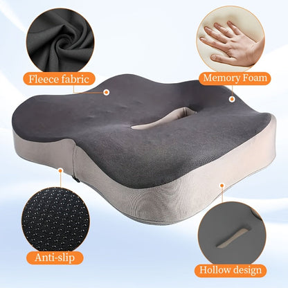 Ergonomic Memory Foam Seat Cushion with Center Groove – Coccyx & Tailbone Pressure Relief, Non-Slip Base, Soft Polyester Cover, Posture Support for Office Chair, Car & Home, White/Black