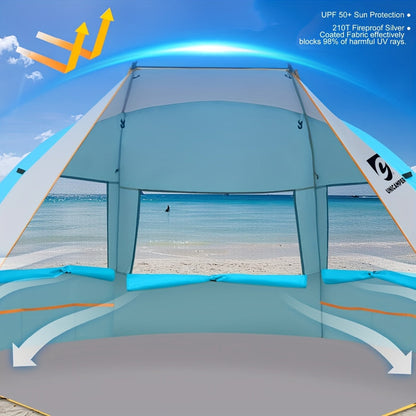 Beach Tent 3 Person UPF 50+ Sun Shelter Portable Waterproof Camping Shade with Extended PE Floor & 3 Mesh Roll-Up Windows – Easy Setup for Beach, Camping, Fishing & Yard (Green, Blue, Orange)