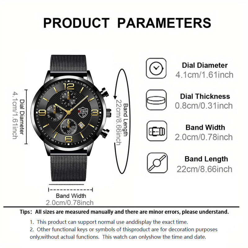 Men's Quartz Watch & Bracelet Jewelry Set 4pcs – Stainless Steel Date Display Casual Business Wristwatch with Bracelet & Necklace, Elegant Gift Set for Men