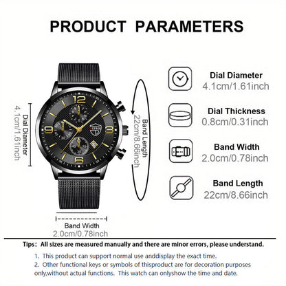Men's Quartz Watch & Bracelet Jewelry Set 4pcs – Stainless Steel Date Display Casual Business Wristwatch with Bracelet & Necklace, Elegant Gift Set for Men