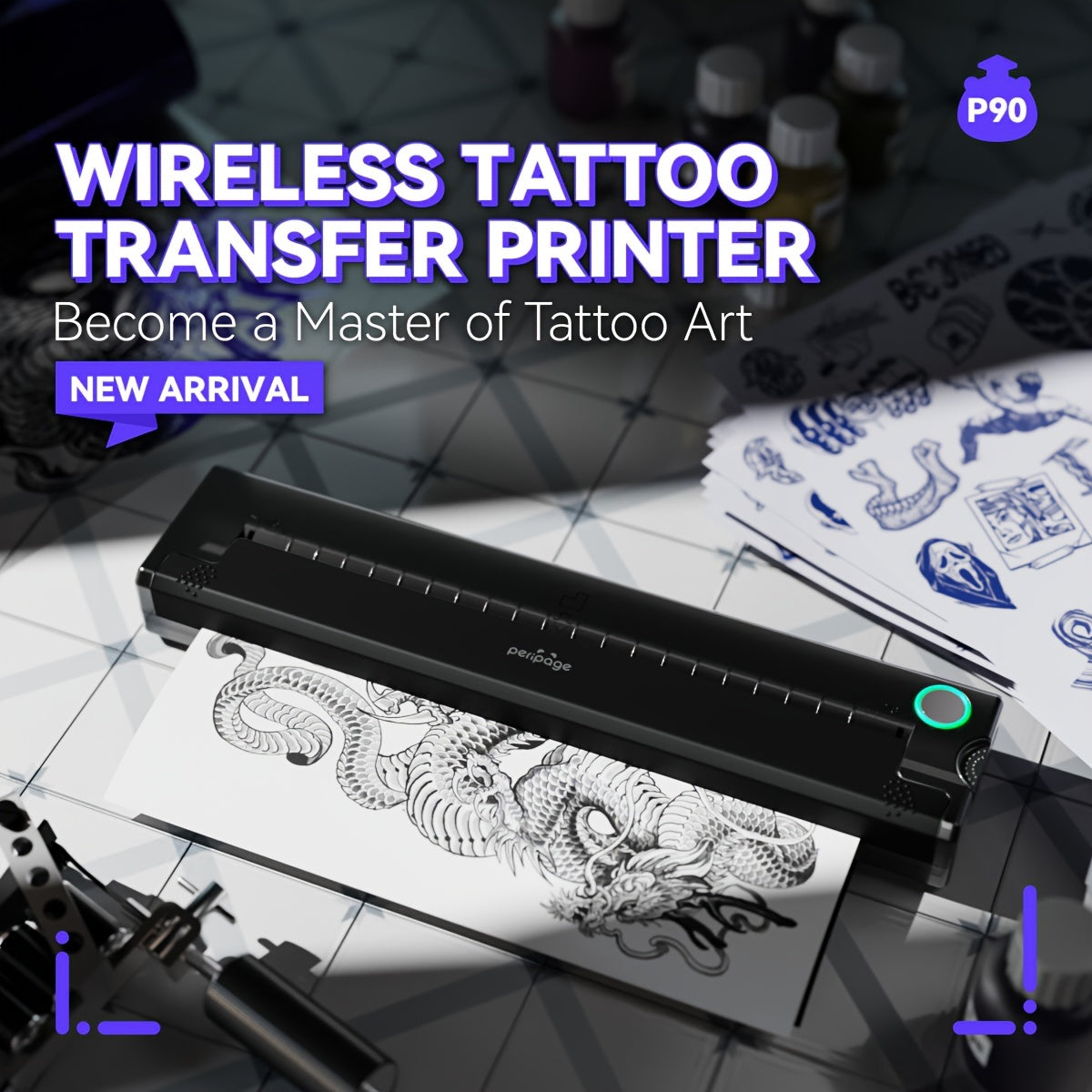 Peripage P90 Tattoo Stencil Printer – Portable Thermal Printer for Tattoo Transfer Paper, Compatible with iOS Android & PC, Mini Wireless Printer Includes 5pcs A4 Transfer Paper, Gift for Tattoo Artists
