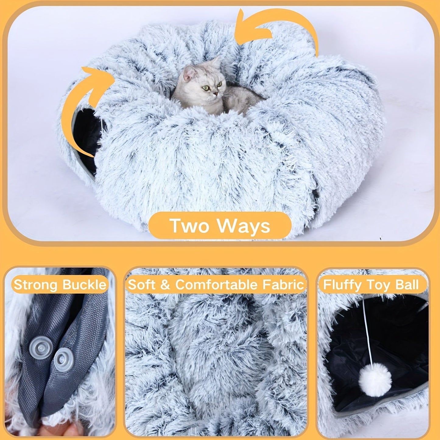 Cat Tunnel with Bed & Donut Peep Hole – Soft Plush Indoor Cat Toy, Multi-functional Hideout & Amusement Park for Cats, Kittens & Rabbits, Includes Pet Scarf, Small Medium Large