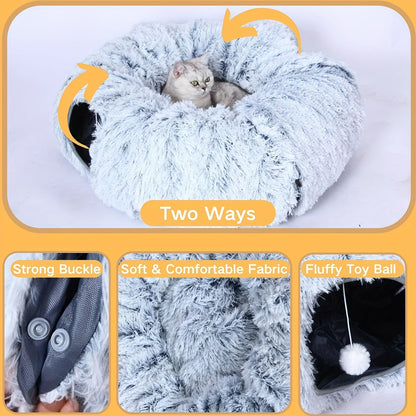 Cat Tunnel with Bed & Donut Peep Hole – Soft Plush Indoor Cat Toy, Multi-functional Hideout & Amusement Park for Cats, Kittens & Rabbits, Includes Pet Scarf, Small Medium Large