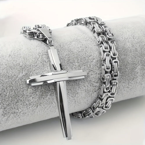 Stainless Steel Cross Necklace and Bracelet Set Unisex Boho Vintage Thickened Silver Jewelry Set for Men and Women Daily Wear Party Gift