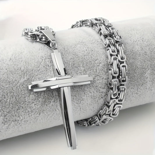 Stainless Steel Cross Necklace and Bracelet Set Unisex Boho Vintage Thickened Silver Jewelry Set for Men and Women Daily Wear Party Gift