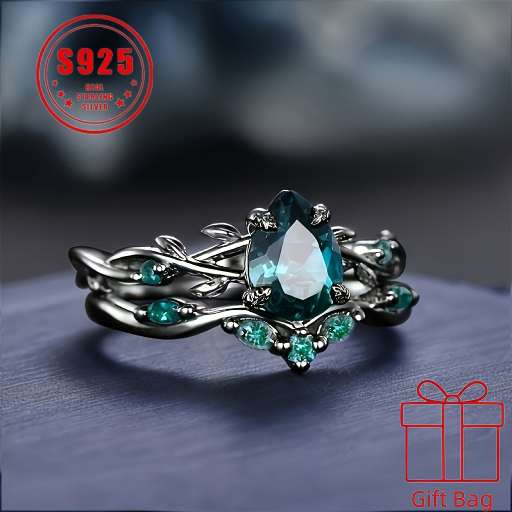 925 Sterling Silver Gothic Black Ring with Synthetic Jadeite Grape Pear Design for Women – Elegant Birthstone Holiday Ring with Gift Bag, Sizes 6-10, Unique Christmas Party Jewelry Gift