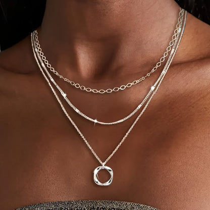 925 Sterling Silver Multi-Layer Necklace with Round Pendant – Trendy Stacking Design for Women & Girls, Elegant Layered Jewelry for Party, Vacation & Gift