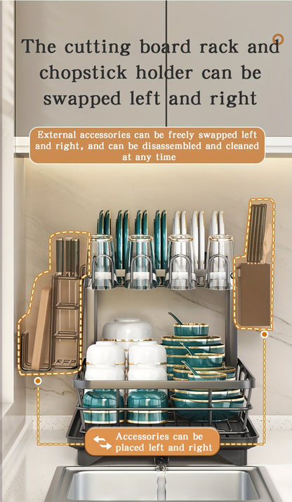 2-Tier Metal Dish Drying Rack with Cutlery Holder, Cup Holder & Rust-Proof Drip Tray – Space-Saving Countertop Dish Drainer for Kitchen Organization, Durable Steel Dish Rack for All Countertop Types