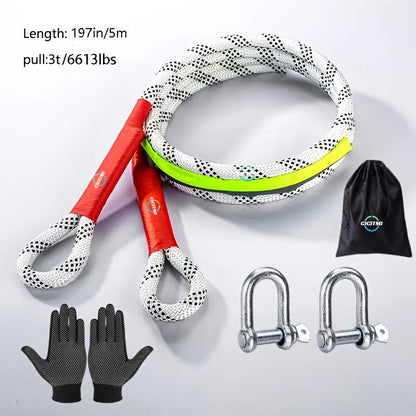 Heavy Duty Tow Hook & Tow Rope Set 16FT – Steel U-Shaped Hooks, Off-Road SUV Rescue Recovery Strap, 4 Capacity Options: 6613 / 11023 / 22046 / 39683 LBS