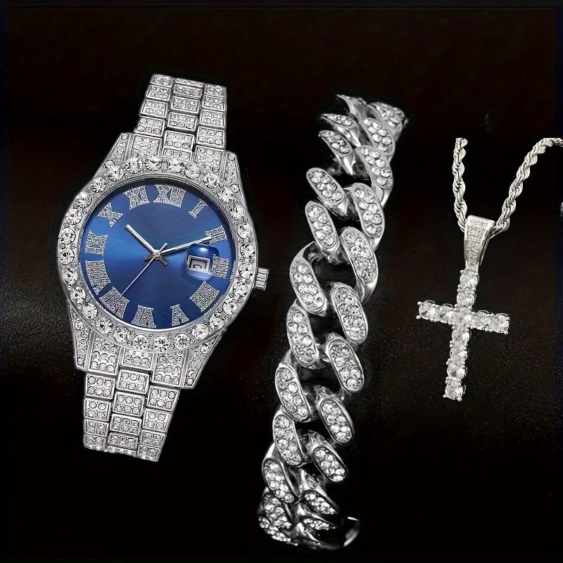 Men's Rhinestone Quartz Watch Necklace Bracelet Gift Set 3 or 4 Piece – Cross Necklace Jewelry Set for Men Football Fan Gear Birthday Holiday Gift Silver Gold