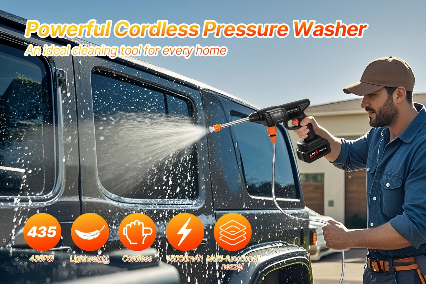 Cordless Pressure Washer 300W, Handheld Electric Car Wash Gun with 6-in-1 Nozzle, 1.3GPM High Pressure Washer with 15000mAh Battery, 60-Min Runtime for Car Wash, Home, Floor & Garden Cleaning