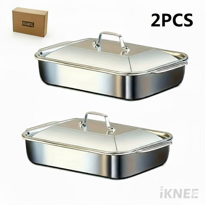 Stainless Steel Baking Pan Set 4-Piece – 2 Deep Roasting Pans & 2 Lidded Pans with Handles, 6-Liter 16.14-Inch Rectangular Baking Dish for Turkey, Lasagna, Fish & Chicken, Dishwasher Safe