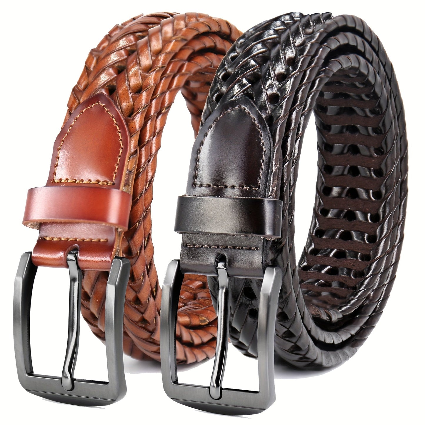 Men's Leather Braided Belt 2 Pack - Casual Dress Belt for Golf Pants Jeans Everyday Wear Zinc Alloy Buckle Multiple Colors Sizes 34-50