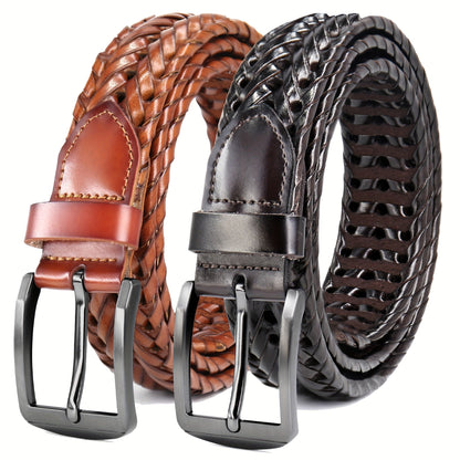 Men's Leather Braided Belt 2 Pack - Casual Dress Belt for Golf Pants Jeans Everyday Wear Zinc Alloy Buckle Multiple Colors Sizes 34-50