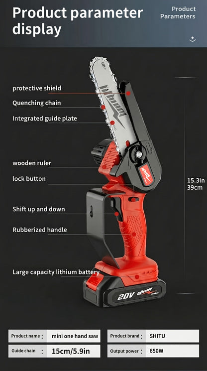 Mini Chainsaw Cordless 6 Inch Battery Powered Electric Chainsaw with Safety Guard Adjustable Chain Ergonomic Grip for Tree Trimming Branch Cutting Yard Work - Gift for DIY Home Garden Outdoor