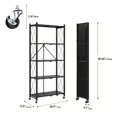 Heavy Duty Folding Storage Rack with Wheels – 3/4/5-Tier Portable Floor-Standing Shelf, No Assembly Required, for Home, Office, Bedroom & Dorm, 4 Colors Available
