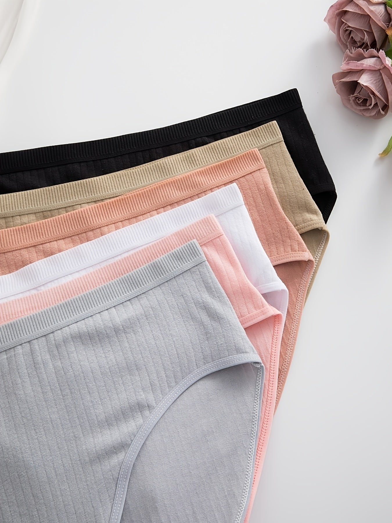 6-Pack Ribbed Thong Panties Women Soft Breathable Mid-Waist | Rib-Knit Triangle Underwear Solid Colors | Maternity-Friendly Everyday Panties Set | S to 5XL Mixed Colors