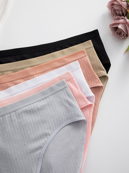 6-Pack Ribbed Thong Panties Women Soft Breathable Mid-Waist | Rib-Knit Triangle Underwear Solid Colors | Maternity-Friendly Everyday Panties Set | S to 5XL Mixed Colors
