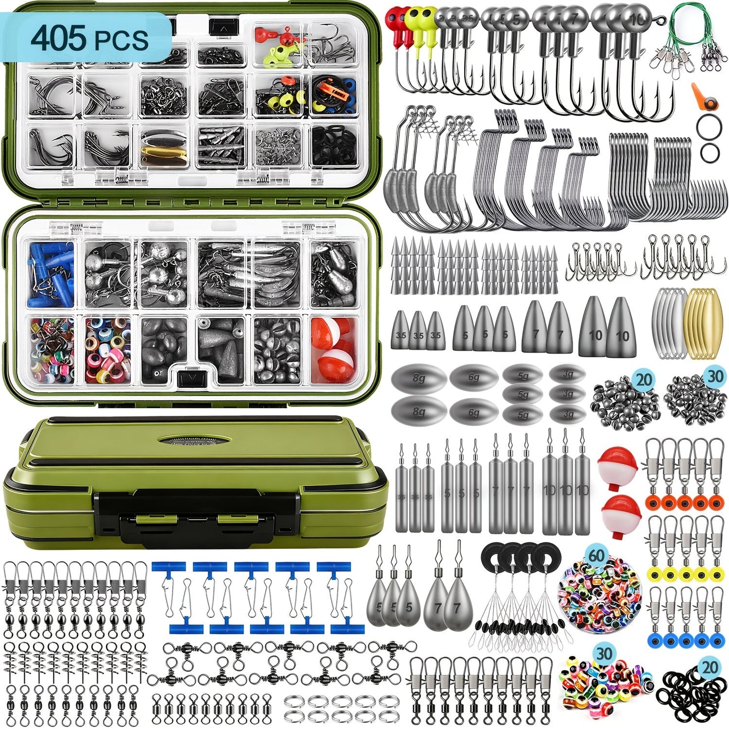 Fishing Tackle Kit 132 to 405pcs – Complete Fishing Gear Set with Tackle Box, Fishing Hooks, Weights, Sinkers & Spinner Blades for Bass, Trout, Bluegill & Crappie Freshwater Fishing