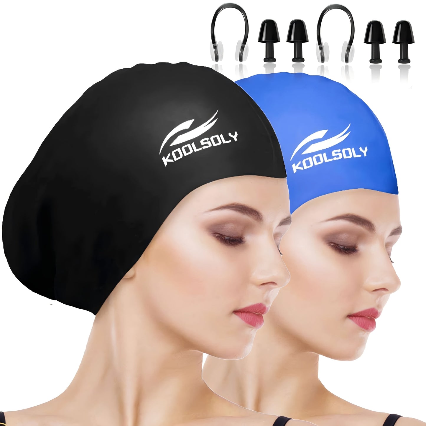 Silicone Swimming Cap 2 Pack with Ear Protection for Long Hair – Includes Earplugs & Nose Clip, Waterproof Swim Cap Set, 11 Color Options for Women Men Adults