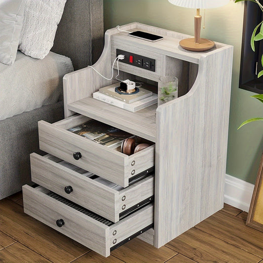 Nightstand with Charging Station – 2 USB Ports & 2 Outlets, Hutch & 3 Drawers, Bedroom End Table, Sofa Side Table for Living Room & Office, Gray or White