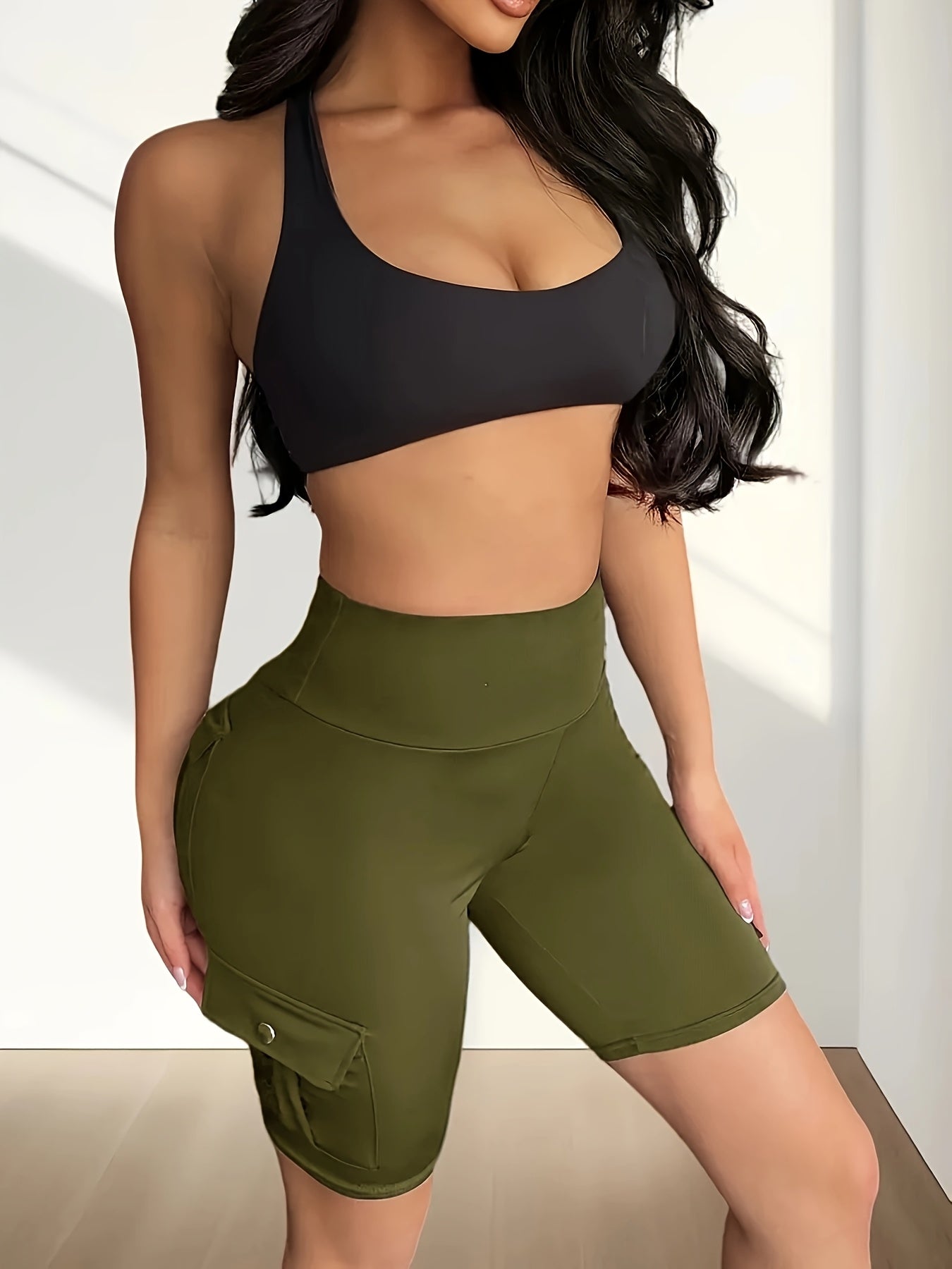 Women's High Waist Yoga Shorts with Pockets – Solid Color Soft Stretch Workout Shorts for Yoga Gym Running, Flattering Fit, Spring Summer Fall Activewear