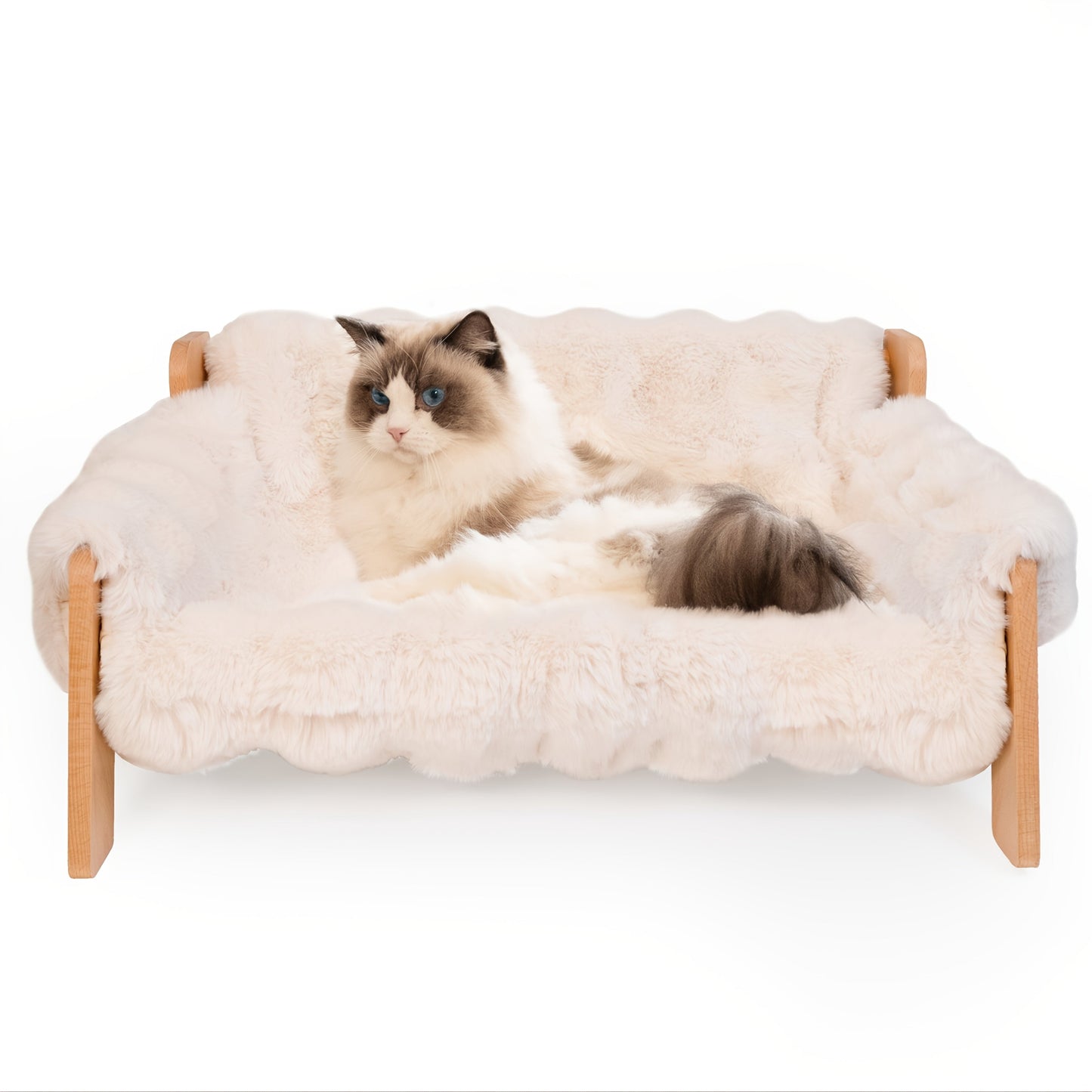 Elevated Pet Sofa Bed Solid Wood Dog Cat Lounge Chair with Bamboo Mat Modern Pet Furniture for Small Medium Dogs Cats Sturdy Stylish Gray White