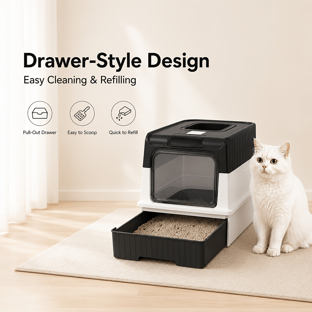 Large Covered Cat Litter Box with Pull-Out Drawer & Scoop – Fully Enclosed Cat Toilet, Front Entry Top Exit, Odor Control, Leak-Resistant Easy-Clean Tray for Multi-Cat Homes, Obsidian Black / Shell Gray / Sand Pink