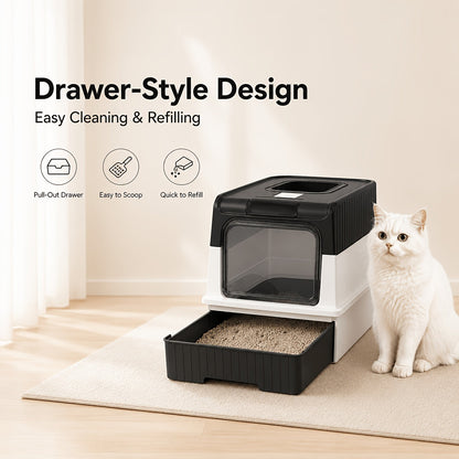 Large Covered Cat Litter Box with Pull-Out Drawer & Scoop – Fully Enclosed Cat Toilet, Front Entry Top Exit, Odor Control, Leak-Resistant Easy-Clean Tray for Multi-Cat Homes, Obsidian Black / Shell Gray / Sand Pink
