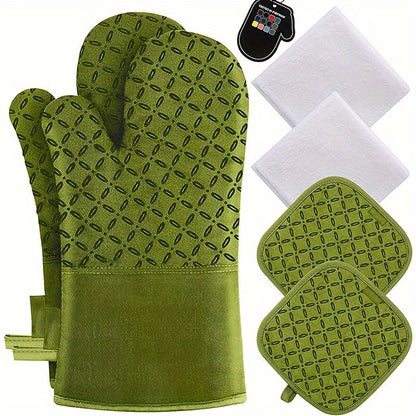 Oven Mitts and Pot Holders Set 6 Piece Heat Resistant Non-Slip Silicone Kitchen Gloves for Baking BBQ Cooking – Includes 1 Pair Mitts & 4 Pot Holders