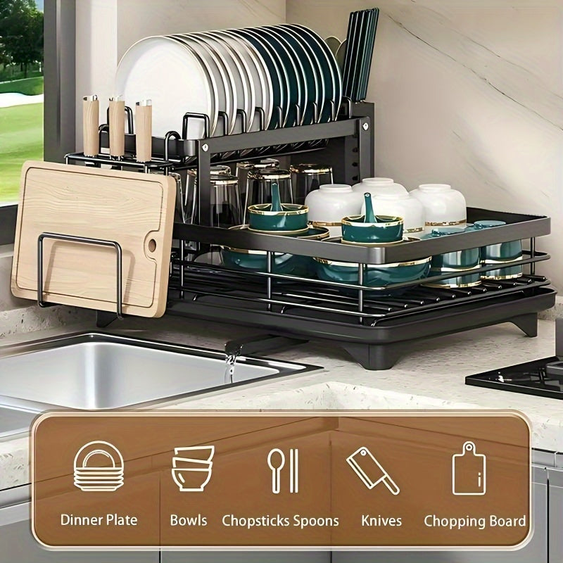 2-Tier Dish Drying Rack for Kitchen Counter with Drainboard Drain Mat Knife Fork Cup Holder Utensil Organizer Dish Drainer Kitchen Gadget Gift for Women Mother's Day